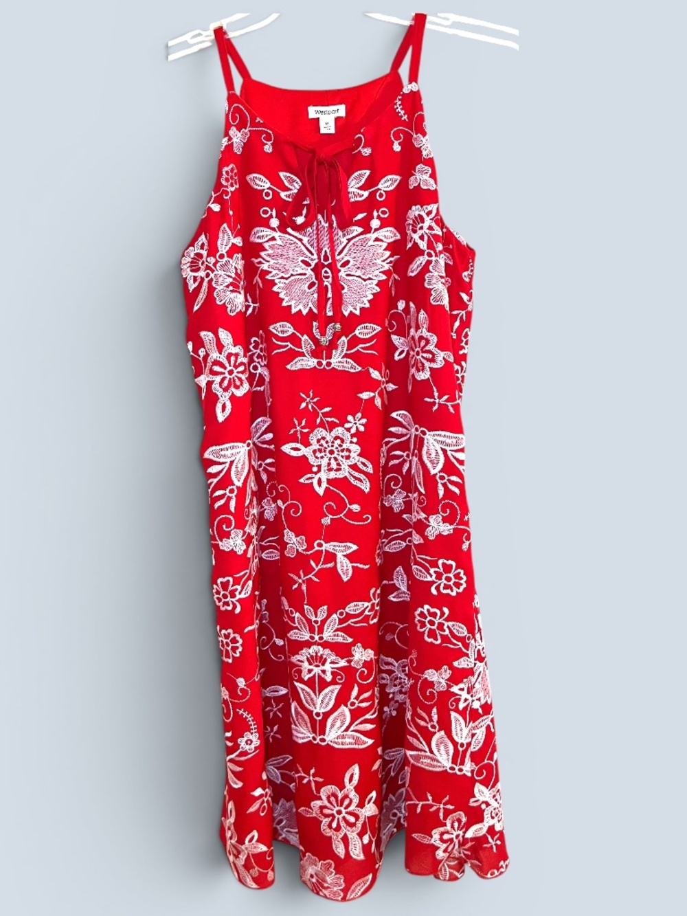 Westport Embroidered Red Rayon Crepe Midi Swing Dress Size M